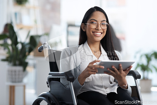 Image of Happy, portrait and woman with a disability and a tablet for communication and graphic design. Smile, creative and a website designer in a wheelchair with technology for web and software analysis