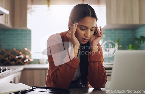 Image of Remote work, headache and female on laptop in kitchen frustrated, stress and internet delay in her home. Freelance, anxiety and lady freelancer with migraine, 404 or online problem, glitch or report