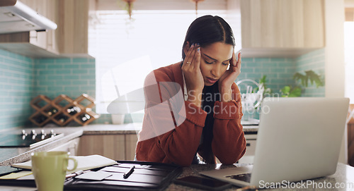 Image of Freelance, headache and female on laptop in kitchen frustrated, anxiety and internet delay in her home. Remote work, stress and lady freelancer with migraine, 404 or online problem, glitch or report