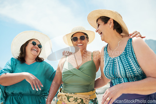 Image of Happy, friends and senior women on a vacation, adventure or weekend trip together in paradise. Travel, fun and group of elderly females laughing, talking and bonding on a retirement tropical holiday.