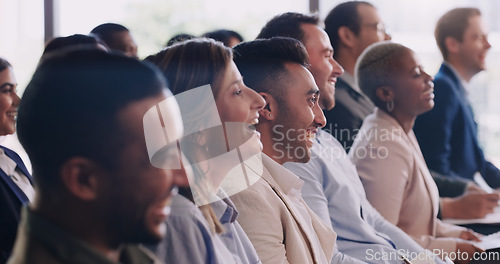 Image of Happy audience, conference and laughing business people at a seminar, workshop or training. Diversity men and women crowd at a presentation for learning, knowledge and funny corporate discussion