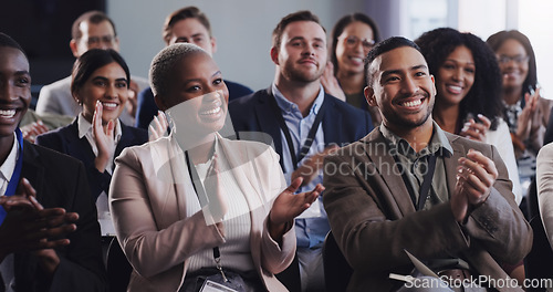 Image of Business people, conference and audience applause at seminar, workshop or training. Diversity men and women crowd clapping at presentation or convention for corporate success, bonus or growth