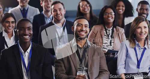 Image of Business people, conference and happy audience listening to a seminar, workshop or training. Diversity men and women crowd at conference or convention for corporate education, knowledge and learning