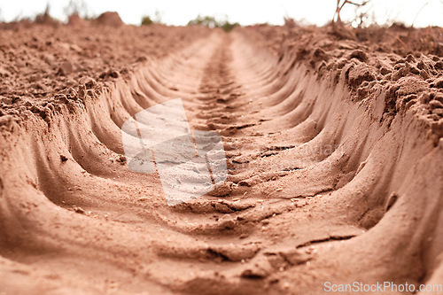 Image of Sand, agriculture and field with land, farm and ground with economic growth, sustainability and nature. Earth, landscape and industry for farming, plough and dessert with climate change and drought