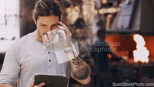 Image of Tablet, phone call and a welding man in a plant for manufacturing, production or metal work. Logistics, construction and technology with an industrial blacksmith working in a factory or workshop