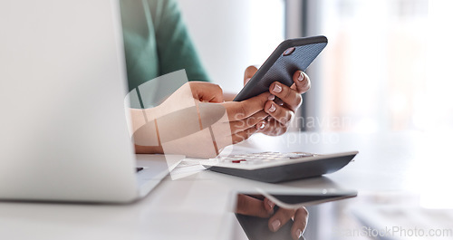 Image of Social media, work and hands with a phone at a desk for communication, typing and email check. Accounting, contact and an accountant with a mobile for an investment app, connectivity and business