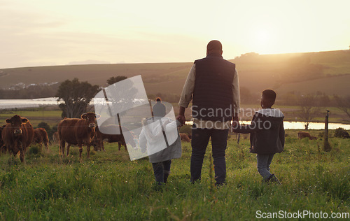 Image of Family, holding hands and a father walking on a farm with children for agriculture or sustainability. Back, farming and a dad with his kids in the meadow as a cow farmer in the countryside at sunset