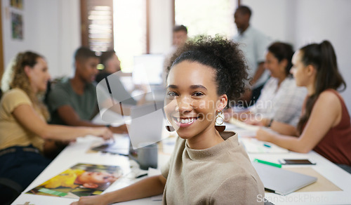 Image of Collaboration, portrait of fashion agency and colleagues in business meeting. Diversity or teamwork, communication or brainstorming and people planning or discussing at a table at their workplace