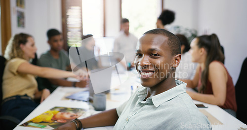 Image of Teamwork, portrait of businessman and people in a business meeting. Collaboration or diversity, communication or planning and coworkers talking or brainstorming at a table at their workplace