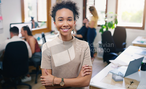 Image of Woman, happy and portrait of designer with arms crossed in office workplace for business. Face, confidence and graphic design, African female person or creative entrepreneur, professional and success