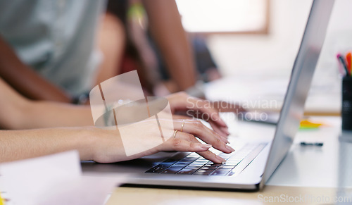 Image of Laptop, keyboard and woman hands typing while working on a corporate project in the office. Technology, professional and closeup of female web designer doing research on a computer in the workplace.