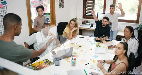 Image of Brainstorming, presentation and team in meeting in office boardroom for creative planning. Collaboration, diversity and group of marketing employees working on ideas for project together in workplace