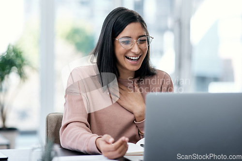 Image of Laptop, excited and remote work of woman in home with good news, promotion or bonus in house. Computer, wow and surprised female person, freelancer and success, winning competition and email reward.