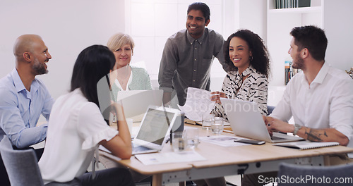 Image of Business people, staff and team in a meeting, collaboration and planning for a project. Coworkers, group and professional with brainstorming, laptop and documents for profit growth and development