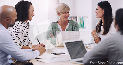 Image of Diversity, business and people in a meeting for a discussion with management in a boardroom. Professional, discuss and group develop a strategy and creative project for online with brainstorming.