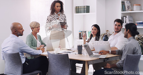 Image of Business, woman and leadership with brainstorming at a presentation about a strategy for profession. Female professional, group and leader with team for online and research for collaboration.