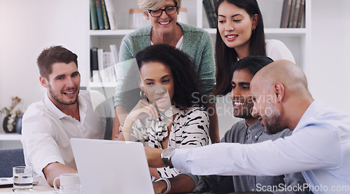 Image of Laptop, meeting and business team in the office for planning a corporate project together. Collaboration discussion and professional employees working and brainstorming with computer in the workplace