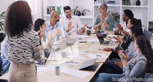 Image of Group, business and people applause for teamwork and collaboration with creative ideas at the office. Professional, team and applauding with support in the boardroom for feedback in a startup.