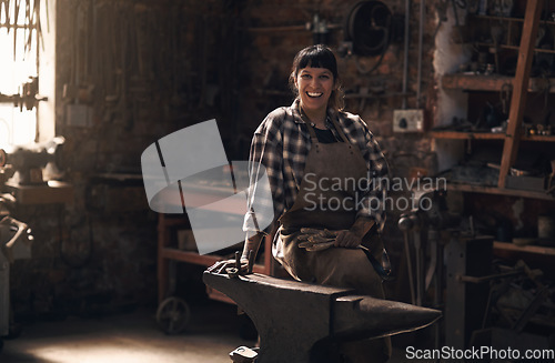 Image of Foundry, blacksmith and portrait of woman with tools for industry, manufacturing and manual labor. Industrial factory, welding and female person for steel, iron and metal production for craftsmanship