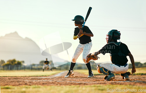 Image of Baseball, sports and players on a field for a game, training and competition. Team challenge, waiting and boys on a pitch for professional sport, practicing and batting in a league for action