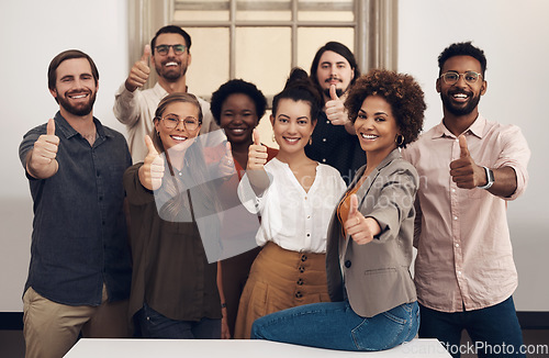 Image of Professional, group and portrait with thumbs up with happiness in the office. Business, people and diversity with thumb like for teamwork with joy at a company for recommending good service.