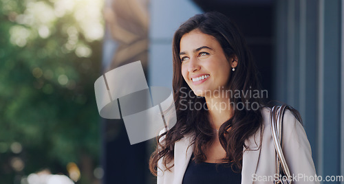 Image of Happy, thinking and business woman in city for morning, professional and happiness. Idea, modern and natural with face of female employee in urban outdoor for motivation, confident and pride