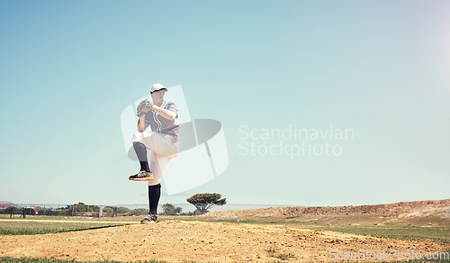 Image of Games, sports and baseball with man on field for competition, training or performance. Action, exercise and championship with male athlete throwing in stadium park for fitness, pitch and mockup space