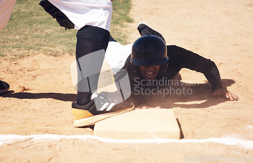 Image of Baseball player safe, running and man on a softball base at a game with training and dirt. Dust, sport and male athlete outdoor on a field with exercise and run to box of runner on sand with cardio