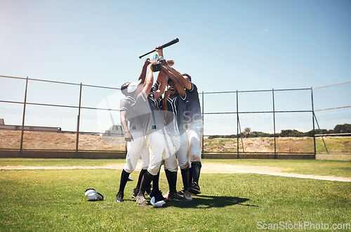 Image of Baseball team, sports and men winning competition or game on field. Excited group of athlete friends celebrate achievement, win or teamwork and fitness goal for professional sport outdoor with a bat