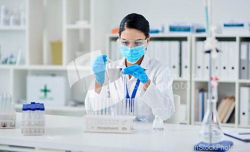 Image of Covid, science and research with a woman in laboratory for innovation or modern medical breakthrough. Healthcare, medicine and vaccine with a female scientist working in a lab for cure development