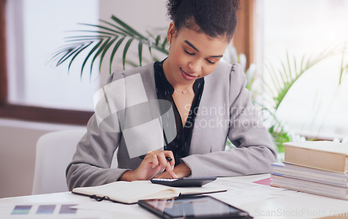 Image of Accountant, calculator and woman with pen on desk for finance budget, math or planning. Professional african person with books, pen and list for tax on financial profit or income in accounting office