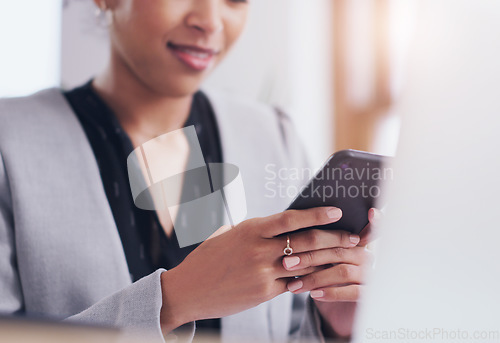 Image of Closeup, hands and woman with a smartphone, business or typing with connection, network or social media. Female person, consultant or employee with a cellphone, search internet or website information