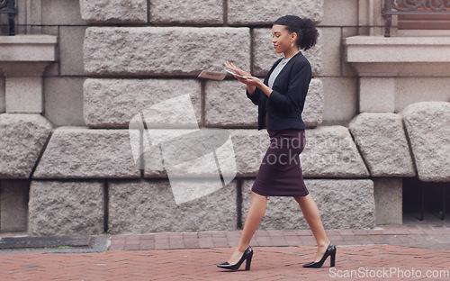 Image of Business woman, city and throw cash on walk with wealth, financial success and happy for profit on stock market. Rich african businesswoman, money spray and winning with bonus, investment and bills