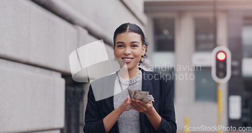 Image of Business woman, city and celebrate with cash, smile and wealth from financial success, stock market and profit. Rich african businesswoman, money and winning with bonus, investment and bills