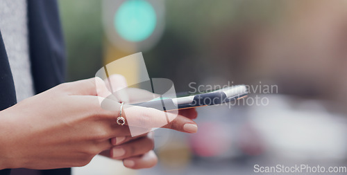 Image of Phone, office and hands of business woman online for social media, internet and connection. Communication, corporate workplace and female person on smartphone for website, mobile app and networking