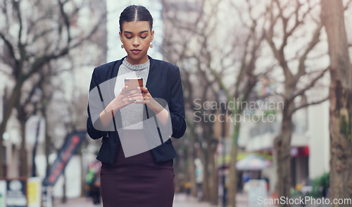 Image of Outdoor, business and woman with a smartphone, typing and social media with website information and mobile app. Female person, employee or consultant with a cellphone, city or search internet outdoor