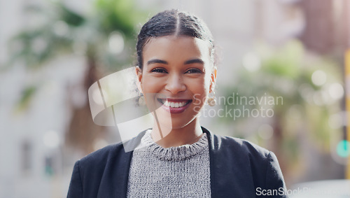 Image of Corporate, happy and portrait of business woman in city for morning, professional and focus. Confident, pride and natural with face of female employee in urban outdoors for entrepreneur and modern