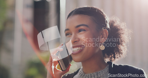 Image of African business woman, phone call and street in city with smile, networking or communication in sunshine. Businesswoman, smartphone and talk in metro with happiness for connection, chat or contact