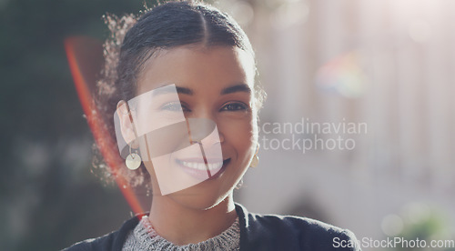 Image of Business woman, smile and face outdoor in a city for travel, opportunity in a street. Portrait of a professional African female entrepreneur with a positive mindset, career goal and urban background