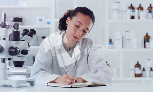 Image of Science, writing notes and woman in laboratory for research, analytics and study results with microscope. Healthcare, notebook and female scientist in lab write for planning, data and pharmacy report