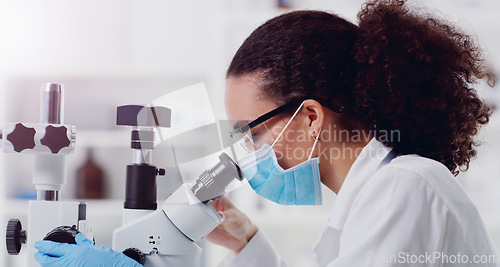 Image of Research, covid and microscope with woman in laboratory for expert, medical and planning. Science, vaccine analysis and medicine with female scientist for chemistry, healthcare and pharmacy