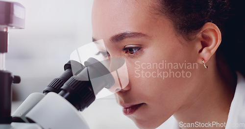 Image of Science, pharmacy and microscope with woman in laboratory for expert research, medical and planning. Idea, vaccine analysis and medicine with female scientist for chemistry, healthcare and focus
