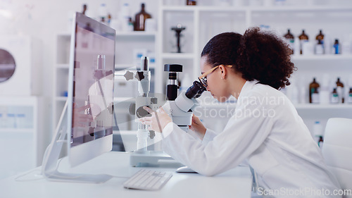 Image of Science, computer and microscope with woman in laboratory for expert research, medical and planning. Idea, vaccine analysis and medicine with female scientist for chemistry, healthcare and pharmacy