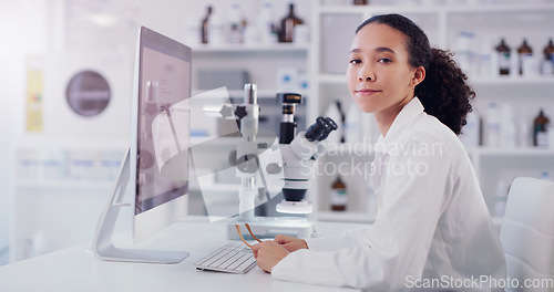 Image of Computer, research and portrait of woman in laboratory for science, pharmacy and medical. Healthcare, technology and study analysis with female scientist for medicine, expert and online report