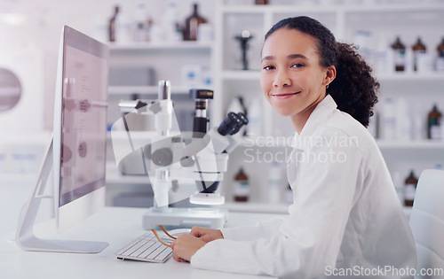 Image of Computer, science and portrait of woman in laboratory for research, pharmacy and medical. Healthcare, technology and study analysis with female scientist for medicine, expert and online report