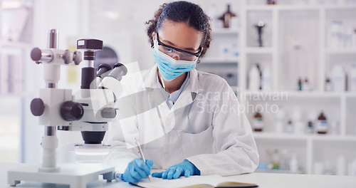 Image of Scientist, woman writing and lab worker with medical research and face mask in a clinic. Data work, planning and working of a young female employee with a notebook and microscope results for science