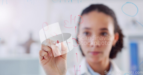 Image of Thinking, scientist formula and woman writing on clear board for science data research. Laboratory worker, female person and focus with planning and futuristic vision for chemistry test with hand