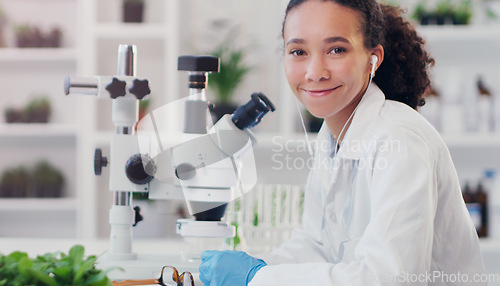 Image of Science, portrait and woman scientist with microscope for research, medicine and data analysis in lab. Laboratory, healthcare and face of female expert happy with medical, results and development