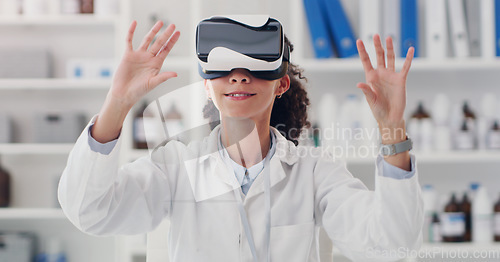 Image of Science, virtual reality and metaverse with woman in laboratory for research, pharmacy and technology. Future, 3d and medical with scientist and headset for cyber, healthcare and digital development