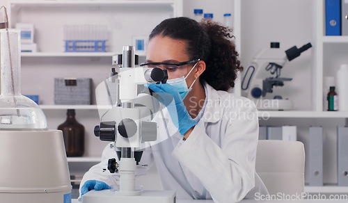 Image of Science, medical and microscope with woman in laboratory for expert research, covid and planning. Idea, vaccine analysis and medicine with female scientist for chemistry, healthcare and pharmacy